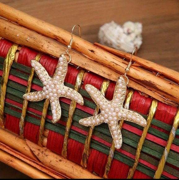LAST ONE! new! Vintage-style Hanging Earrings with Faux Pearls  Starfish. Large. - Picture 3 of 6